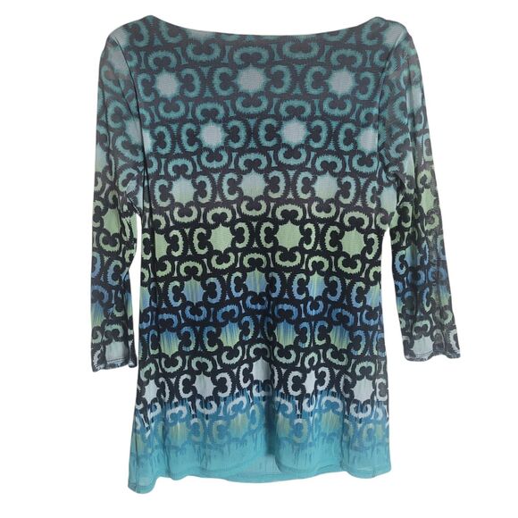 Axcess Y2K 3/4 Sleeve Top Women's Medium M Blue Green Geometric Sheer Lined - Picture 2 of 9